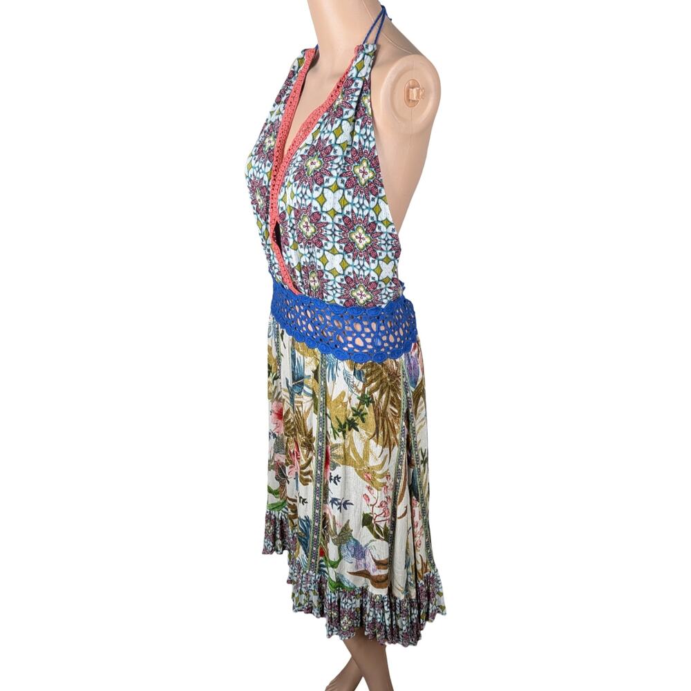 NWT Chelsea & Violet Tropical Patchwork Halter Maxi Dress Lace Tassel Resort L - Picture 6 of 11